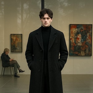 May include: A man in a black wool overcoat and trousers. The coat is long, with a classic lapel and pockets. He is also wearing a black roll neck. The background includes a building with large windows and artwork.