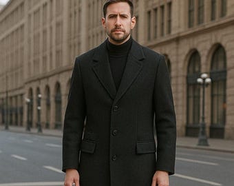 Men Black Tweed Wool Long Coat – Classic Tailored Overcoat, Elegant Winter Formal Outerwear