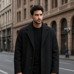 Black Overcoat for Men – Wool Blend Long Coat, Elegant Winter Formal Jacket