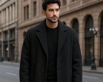 Black Overcoat for Men – Wool Blend Long Coat, Elegant Winter Formal Jacket