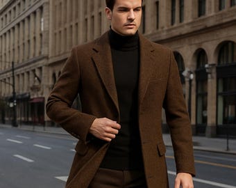 Men’s Dark Brown Tweed Wool Long Coat – Classic Tailored Overcoat, Elegant Winter Formal Outerwear