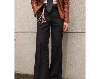 Mens Black Wide Leg Trousers – 70s Retro High Waist Dress Pants