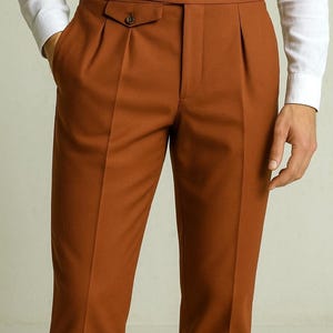 Men Rust Terracotta Tailored Trousers: Retro High Waist, Double Button, Gurkha Pant