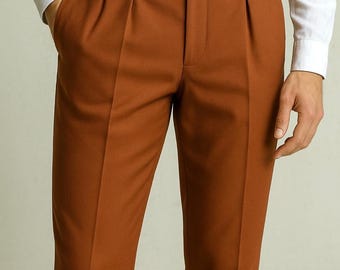 Men Rust Terracotta Tailored Trousers: Retro High Waist, Double Button, Gurkha Pant