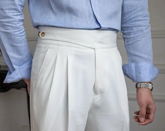 Pantalones Gurkha blancos para hombre: pantalones formales plisados de cintura alta