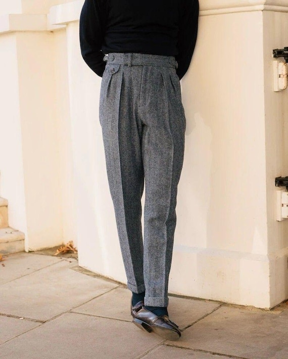 Mens Grey Herringbone Tweed Wool Gurkha High Waist Pleated Pants Gift for Him