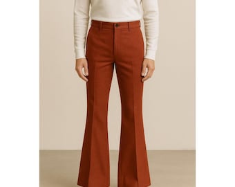 Men Rust Orange Flared Trousers | High Waist Tailored Pants | Retro 70s Style Dress Slacks