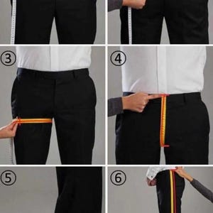 May include: A series of six images demonstrating how to measure for tailored pants. The images show measurements being taken around the waist, hips, thigh, inseam, and pant length using a yellow measuring tape.