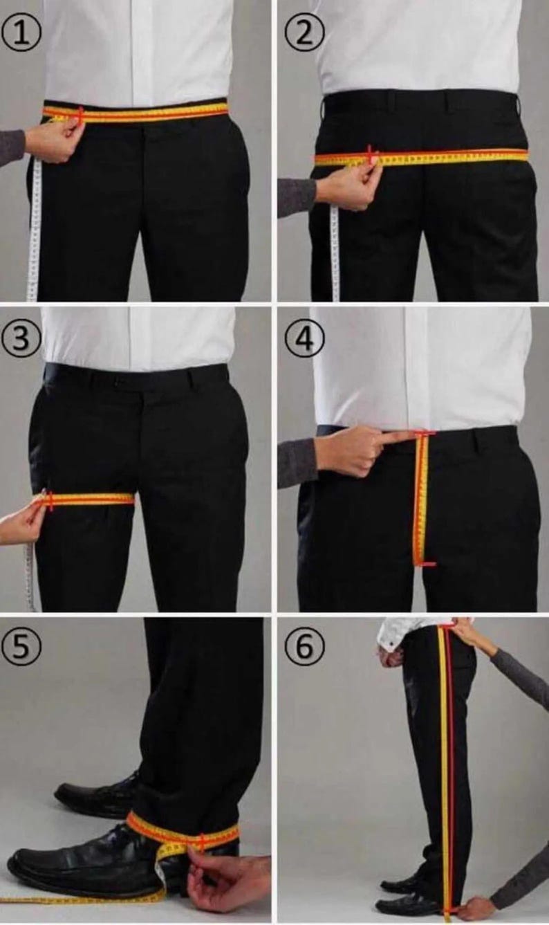 May include: A series of six images demonstrating how to measure for tailored pants. The images show measurements being taken around the waist, hips, thigh, inseam, and pant length using a yellow measuring tape.