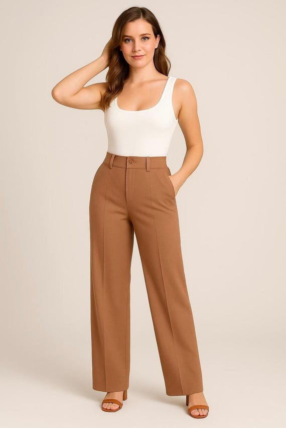 women's brown dress slacks Tailored High-Waisted camel Pants | Wide-Leg Trousers Showing you what color dev-position-new-dresses:number:36 and hook Size:XX-small