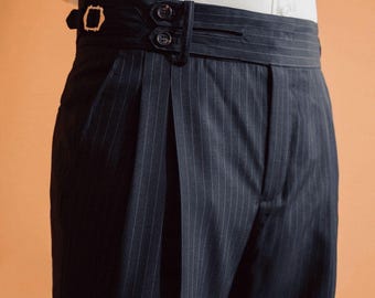 Men Navy Pinstripe Gurkha Trousers - High Waist Tailored Made to Order Pants