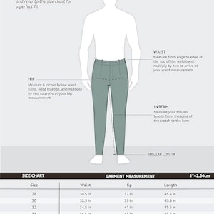 May include: Diagram illustrating how to measure formal trousers for a perfect fit. Includes instructions for waist, hip, and inseam measurements, along with a size chart in inches. The text reads "FORMAL TROUSERS".
