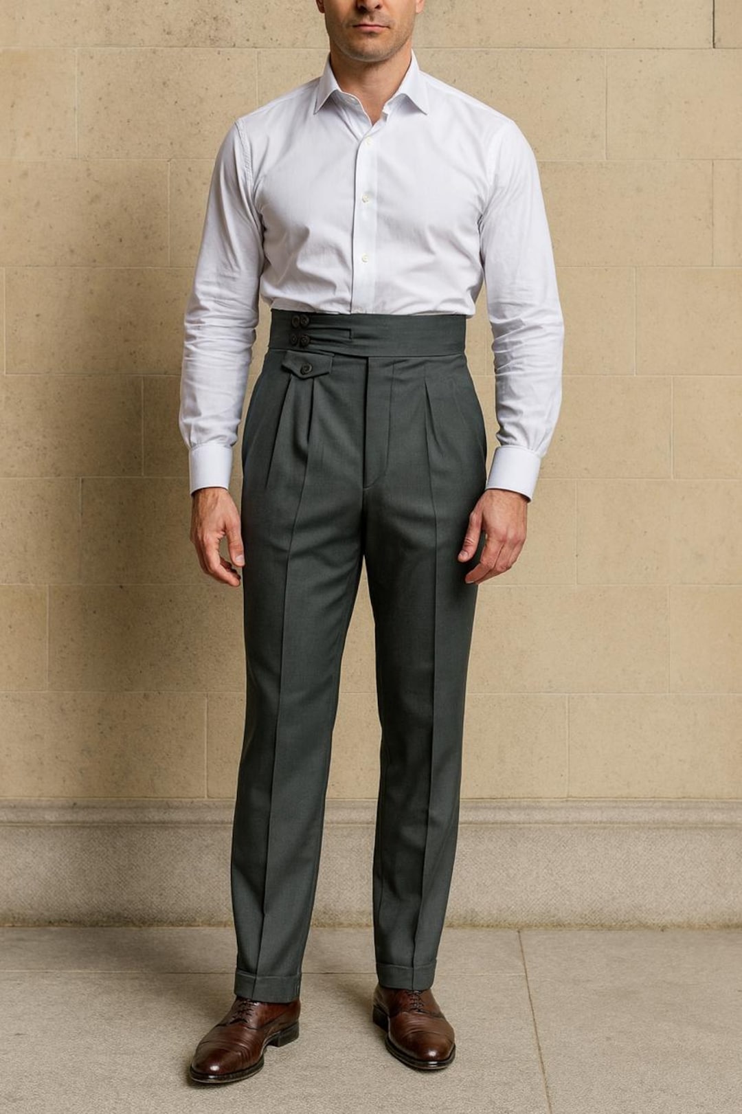 male high waisted pleated dress pants plaid gray Men's Grey Wool Look High Waist Pleated Pants main image 0