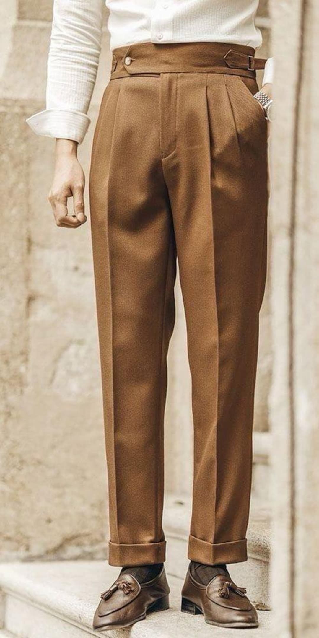 mens brown pleated dress pants Men High Waisted – Trousers | Tailored Formal Pants Standard Fit CALISTA Backless Dresses With Long Color:As Photo(BURGUNDY)