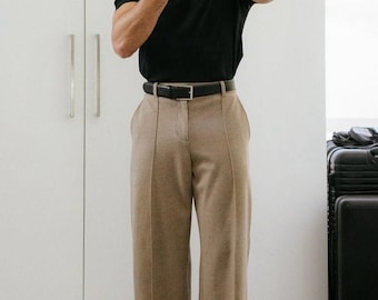 Men Beige Wide Leg Pants – Relaxed Fit Tailored Trousers