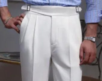 Men White Gurkha Trousers – High Waist Pleated Pants with Side Adjusters