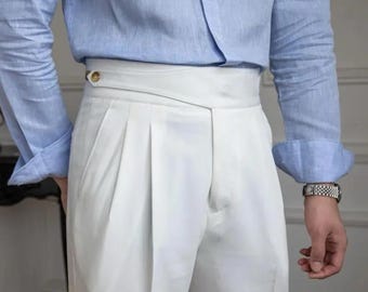 Pantalón blanco de cintura alta con pliegues para hombre, estilo Gurkha