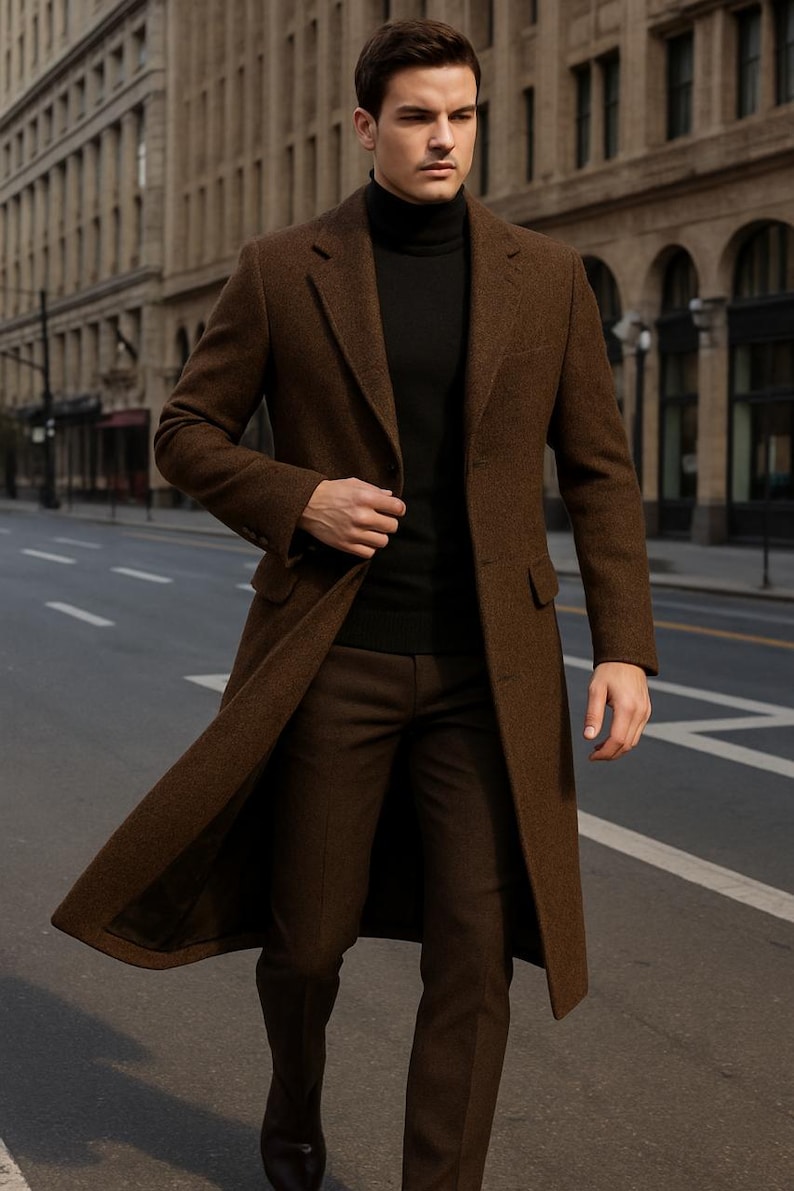 Puede incluir: Un abrigo marr&oacute;n, un cuello alto negro y pantalones marrones. El abrigo largo tiene un dise&ntilde;o cl&aacute;sico con solapa de muesca y corte entallado. El atuendo se completa con zapatos oscuros, creando un look urbano sofisticado. La longitud del abrigo es de aproximadamente 137 cm.