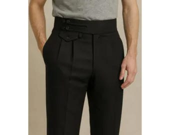 Black High Rise Pants for Men – Pleated Trousers with Side Button
