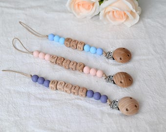 Personalized Pacifier Clip, Rattle set, Custom Baby shower Gift, Pastel Babygirl Binky Holder, Wooden Babyboy Dummy Chain, Newborn Gift