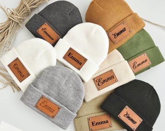 Personalized Knit Beanie: Custom Name Leather Patch Winter Hat
