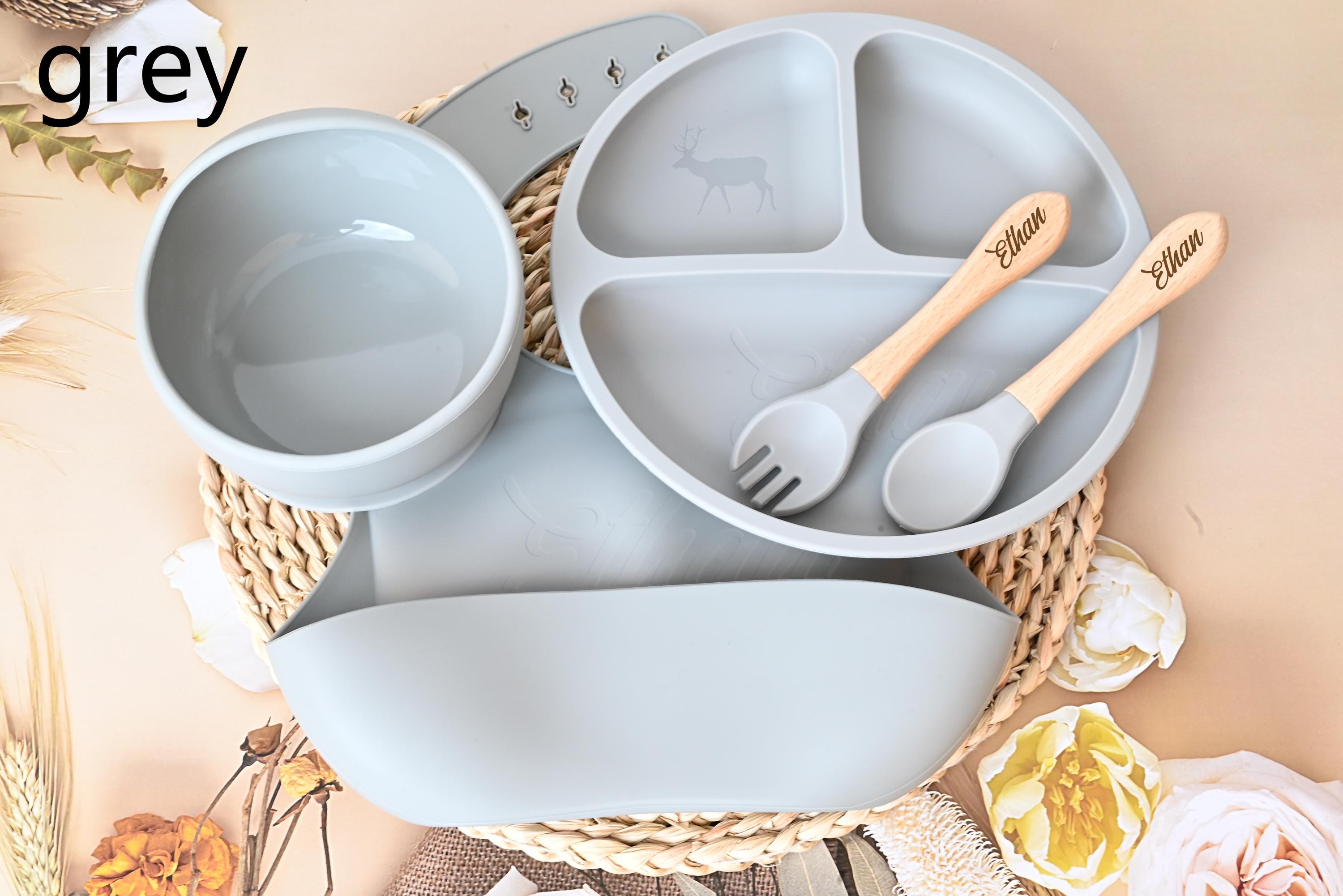 Personalized Silicone Baby Weaning Set: Engraved Plate, Bowl, Bib & Utensils
