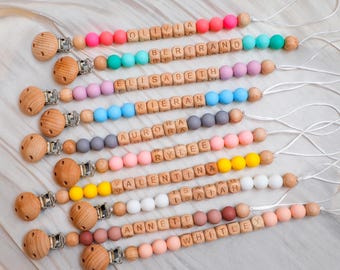 Personalized Pacifier Clip and Rattle set|Custom Baby shower Gift|Pastel Babygirl Binky Holder|Wooden Babyboy Dummy Chain|Newborn Gift