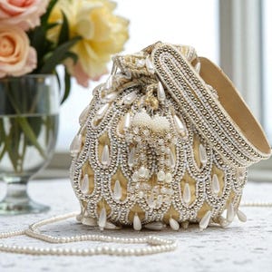 Women Beige, Gold, White Velvet Potli Bag with Pearl Embellishments, Handcrafted Designer Clutch for Weddings and Special Occasions