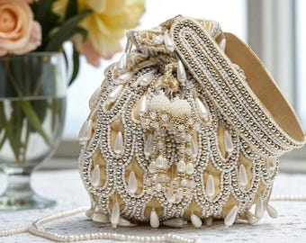 Women Beige, Gold, White Velvet Potli Bag with Pearl Embellishments, Handcrafted Designer Clutch for Weddings and Special Occasions
