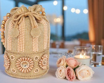 Gold Potli Bag for Women – Elegant Indian Handbag, Bridal Clutch, Festive Ethnic Purse, Wedding Accessory, Traditional Designer Gift