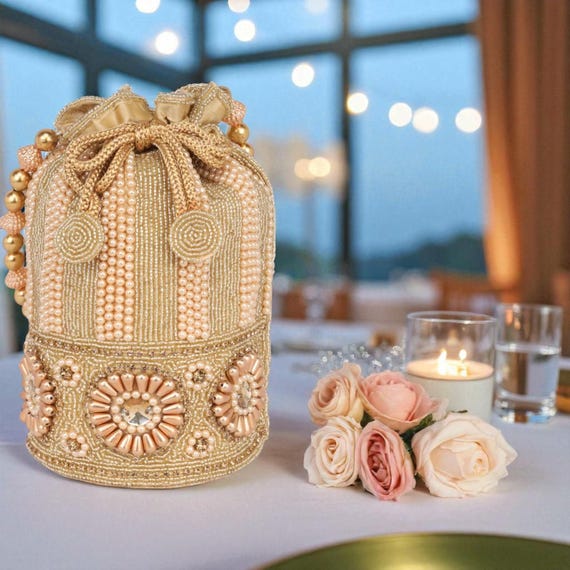 Elegant Gold Drawstring Women\'s Bag Women Gold Potli Bag With Printed Silk Pattern, Bridal Party  main image 2