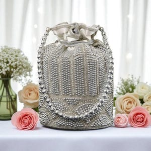 Silver Potli Bag for Girls & Women | Handmade Bridal Pearl Beaded Purse | Elegant Wedding Clutch