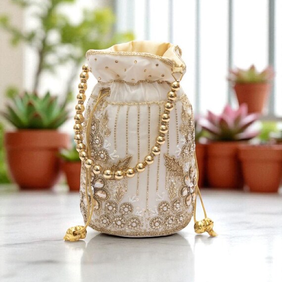 Women Gold Potli Bag With Printed Silk Pattern, Bridal Party 