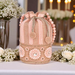 Pink Gold Floral Pearl Beaded Potli, Evening Party Potli, Wedding Purse, Bridal Bag, Handmade Embroidered Potli