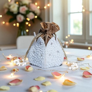Elegant Lotus Potli Bag – Embroidered Indian Bridal Potli for Weddings & Engagements, Unique Traditional Handmade Potli