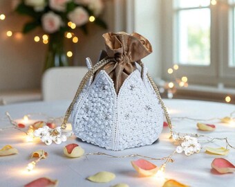 Elegant Lotus Potli Bag – Embroidered Indian Bridal Potli for Weddings & Engagements, Unique Traditional Handmade Potli