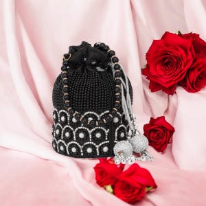 Potli Black Party Purse Clutch with White Gold Pearl Zardosi Embroidery, Handcrafted Gifts for Her, Elegant Wedding Bag