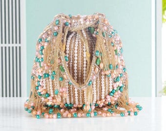 Golden Multi Potli Bag for Women, Raw Silk Gold Potli with Beaded Embellishments, Elegant Party Clutch, Traditional Indian Handbag