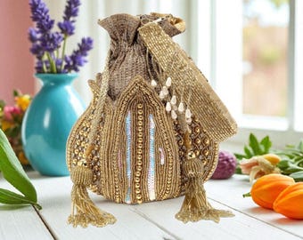 Indian Bridal Potli Bag for Weddings & Engagements, Silk Material with Pattern Stone Work Embellishments, Traditional Handcrafted Design