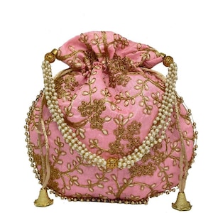Indian Handmade Potli Pouch Bag - Brocade Art Silk Drawstring Purse for Wedding, Baby Shower, Party, Christmas Gift Favors