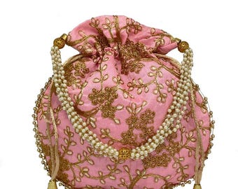 Indian Handmade Potli Pouch Bag - Brocade Art Silk Drawstring Purse for Wedding, Baby Shower, Party, Christmas Gift Favors