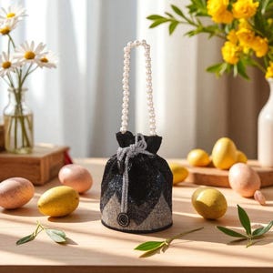 Black Bling Potli Bag Brocade with Pearl Handle, Elegant Traditional Evening Clutch for Weddings and Festive Events