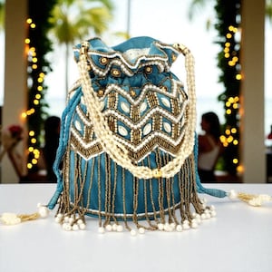 Blue Handmade Embellished Potli Bag – Beaded Fringe Pearl Handle Clutch | Indian Wedding Drawstring Purse | Festive Ethnic Gift Bag