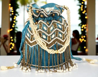 Blue Handmade Embellished Potli Bag – Beaded Fringe Pearl Handle Clutch | Indian Wedding Drawstring Purse | Festive Ethnic Gift Bag