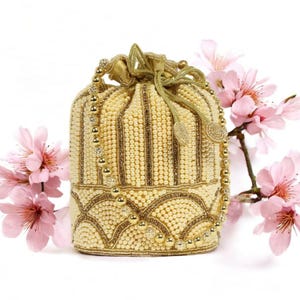 Gold Pearl Potli Bag for Women, Embroidered Pattern Clutch, Indian Wedding Accessory, Ethnic Handbag, Festive Evening Purse, Gift for Her