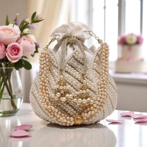 White Pearl Potli Bags, Indian Wedding Accessory, Bridal Gifts, Evening Bags and Clutches, Pearl Embellished Potli