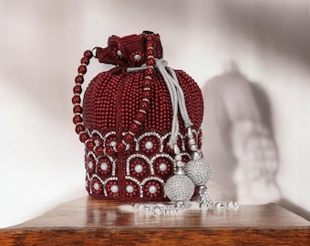 Red Crystal Potli Bag with Long Drawstring Tassels | Embellished Red Potli Bag, Bridal Handbag | Wedding Purse