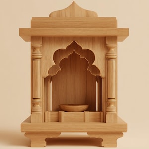 Peut inclure: Autel en bois brun clair avec un motif découpé en forme d'arche. L'autel comporte un petit bol et des piliers décoratifs. Le haut de l'autel a un design incurvé. L'autel est en bois brun clair.