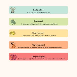 May include: A colorful chart titled "My Weather of Strong Emotions" with animal illustrations representing different feelings. Includes a calm koala, an agitated cat, a noisy dog, a roaring tiger, and a stormy dragon.