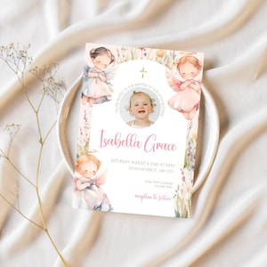 Tarjeta de invitación de bautismo en acuarela rosa para niña / Tema de ángel / Plantilla de Canva editable / Invitación de bautizo con foto